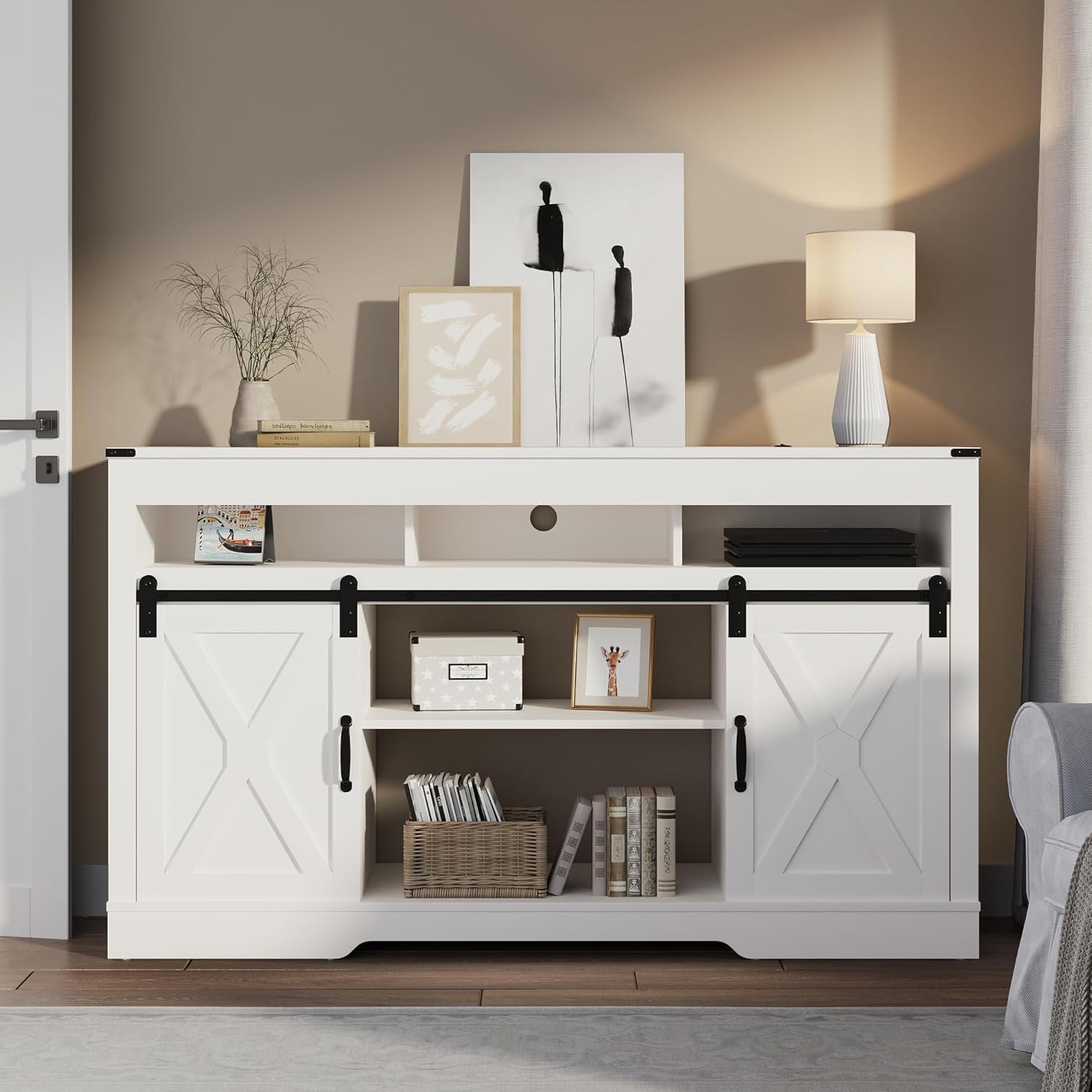 RoyalCraft TV Stand for 65+ Inch TV: Farmhouse Entertainment Center with Storage, Wood TV Console Cabinets with Sliding Barn Door, Tall Media with Adjustable Shelves for Living Rooms, Coastal Fog