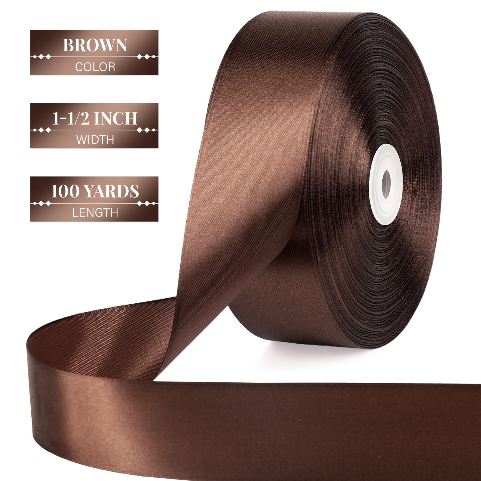 Photo 1 of 1-1/2 Inch 100 Yards Brown Satin Ribbon, Solid Fabric Ribbon Roll for Flower Bouquet, Gift Wrapping, Roses Making, Handmade Crafts