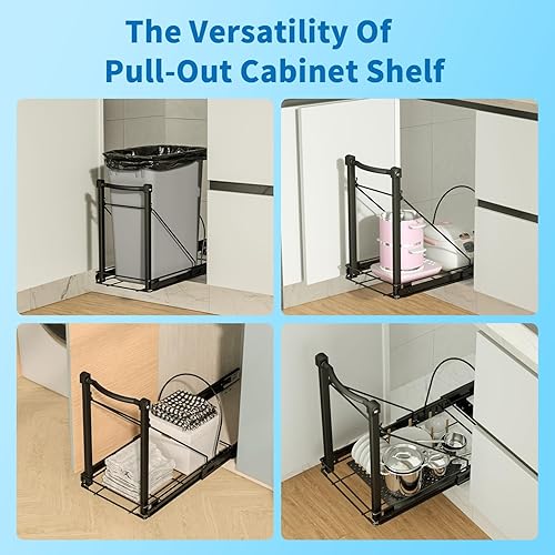 Miniatura 6 de Bote de basura extraíble debajo del gabinete con riel de cierre suave, organizador extraíble para debajo del fregadero, cubo de basura negro