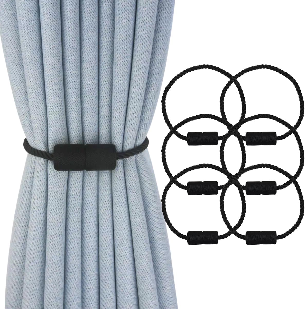 6 Pack Magnetic Curtain Tiebacks，Decorative Curtain Tie Backs Curtain Holders for Drapes Outdoor Window Treatment Holdbacks (Black)