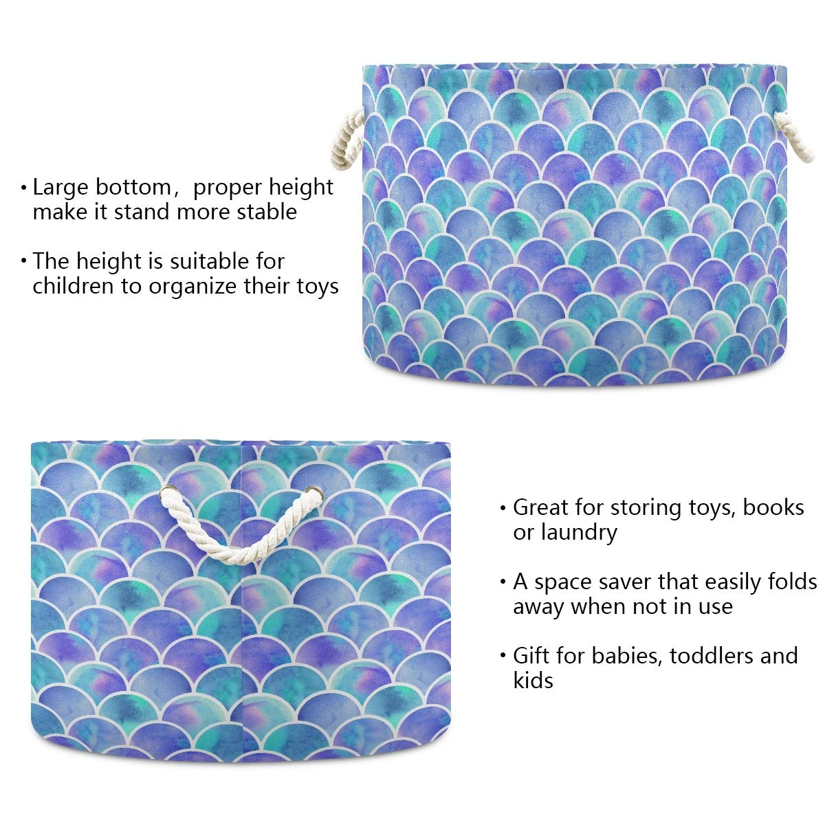 Large Round Storage Basket - Colorful Mermaid Canvas Coating Organizer Bin Toy Storage Bin for Laundry Hamper,Toy Bins,Gift Baskets, Bedroom