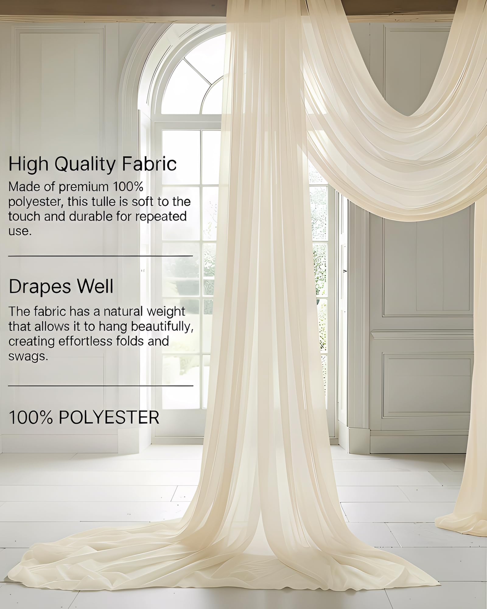 75 x 600cm Voilage Arche mariage, Blanc Ivoire Rideau en Tulle | 4 Pièces Tissu Mousseline de qualité supérieure, rideau de fond infroissable pour arche de mariage, décoration de plafond