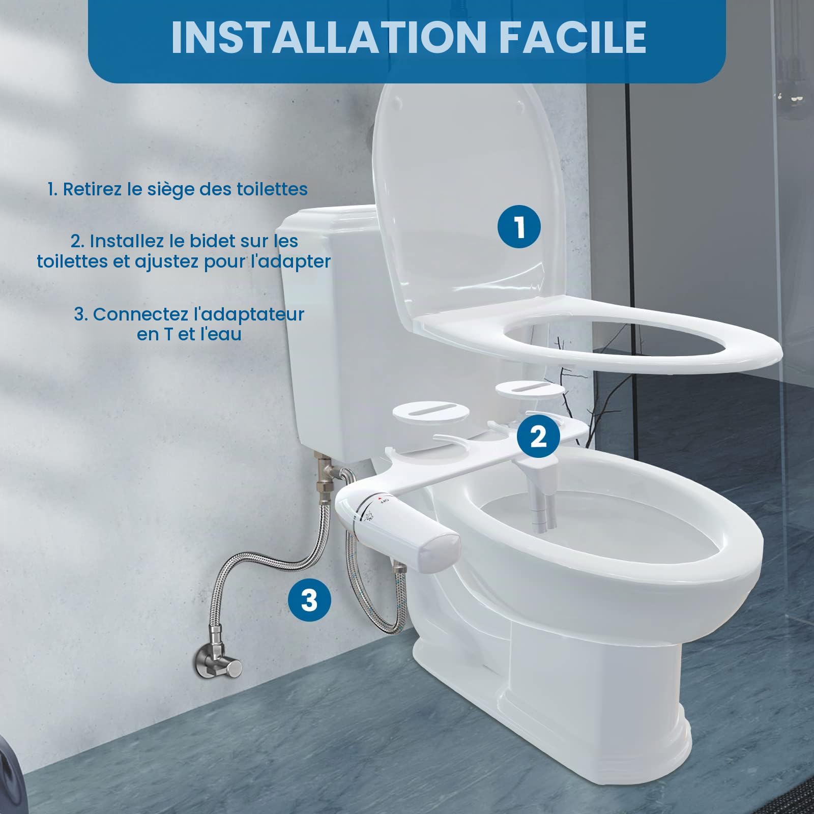 Ultra-thin Bidet Toilette WC, Kit Abattant WC Japonais Bidet De Salle De Bain, Pulvérisateur De Bidet Boku, Buse Rétractable（Anti-colmatage） Et Pression D'eau Réglable, Eau Froide, Blanc