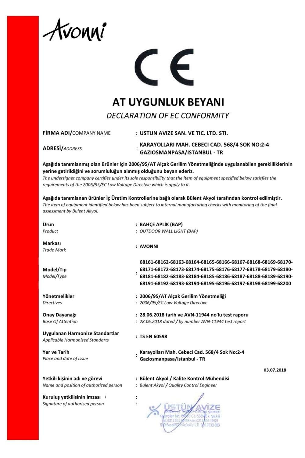 Avonni 68185 Bahçe Aplik, 60 w, Siyah