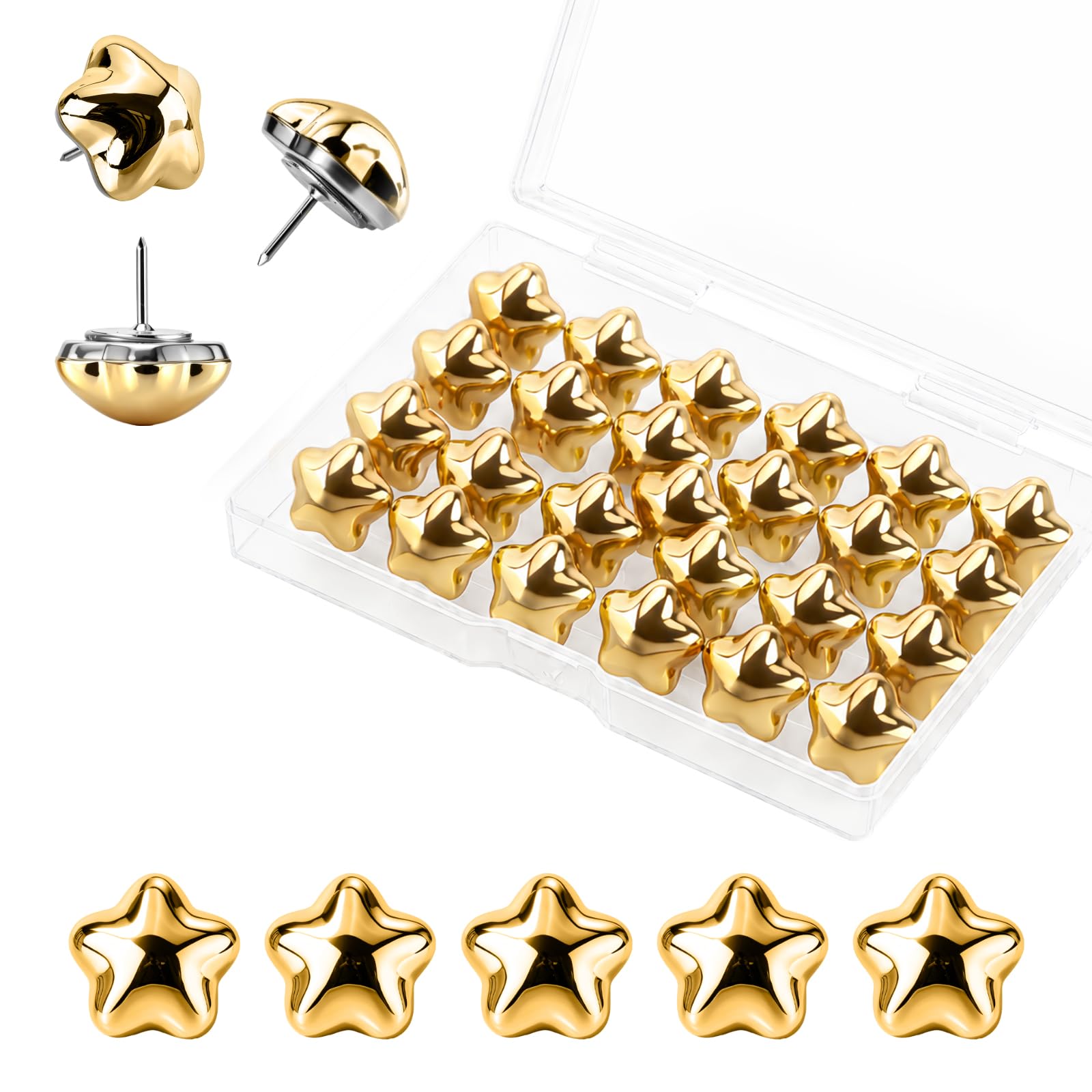 25 Pcs Decorative Thumb Tacks, Cute Decorative Push Pins for Wall Bulletin Board &amp; Cork Board, Resin Star Push Pins for Office Home School,Gold