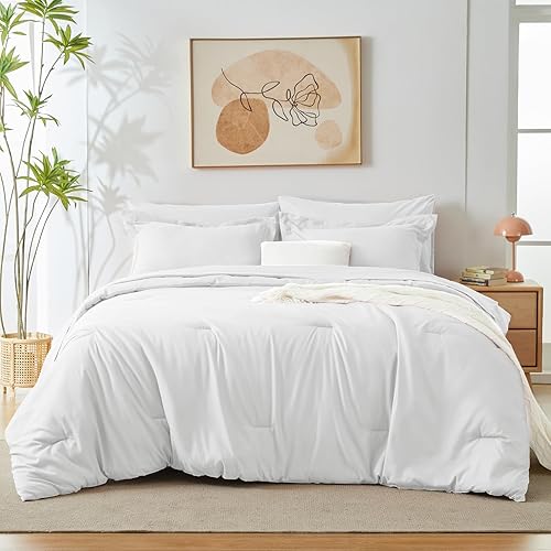 Miniatura 8 de Juego de edredón blanco tamaño Queen, 7 piezas de cama en una bolsa, juego de cama ligero tamaño Queen, juego de cama suave para todas las