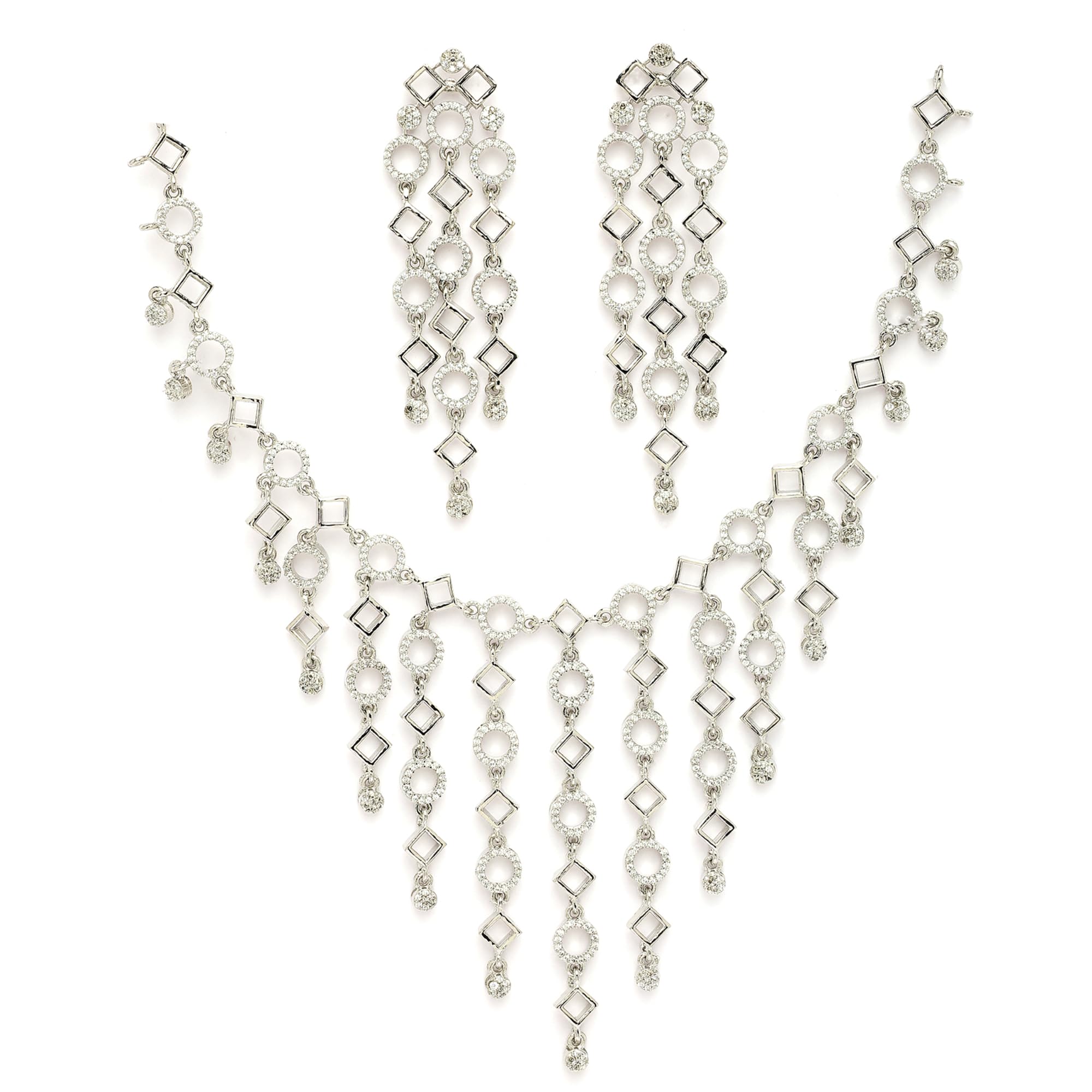 zeneme Rhodium Plated Silver Toned White American Diamond Studded Geometrical Shaped Necklace With Earrings Jewellery Set For Women & Girls-picture-52