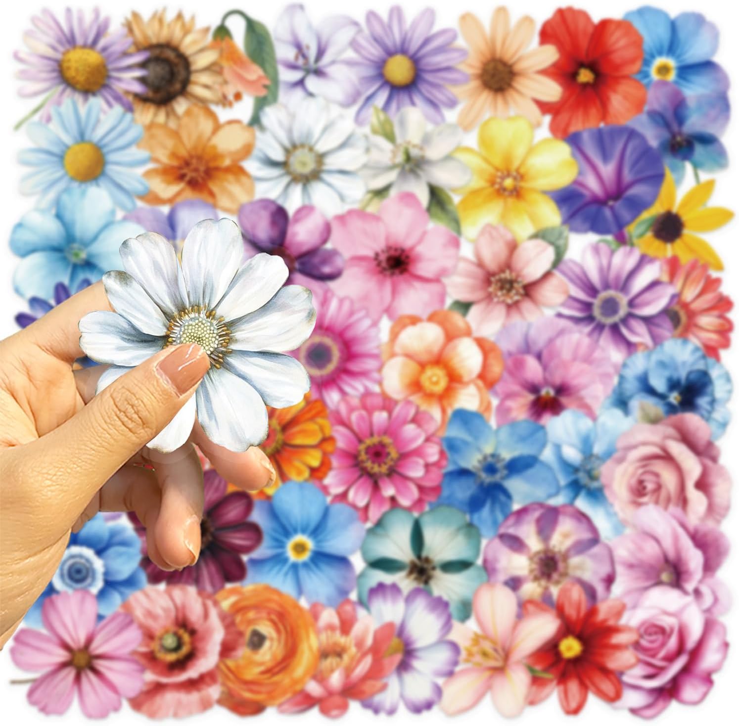 50 PCS Transparent Flower Stickers Colorful Nature Decals Waterproof Decorative Aesthetic Decals for Scrapbook DIY Crafts Album Journal Water Bottles Phone Cases LaptopsTeens and Adults(Flowers)