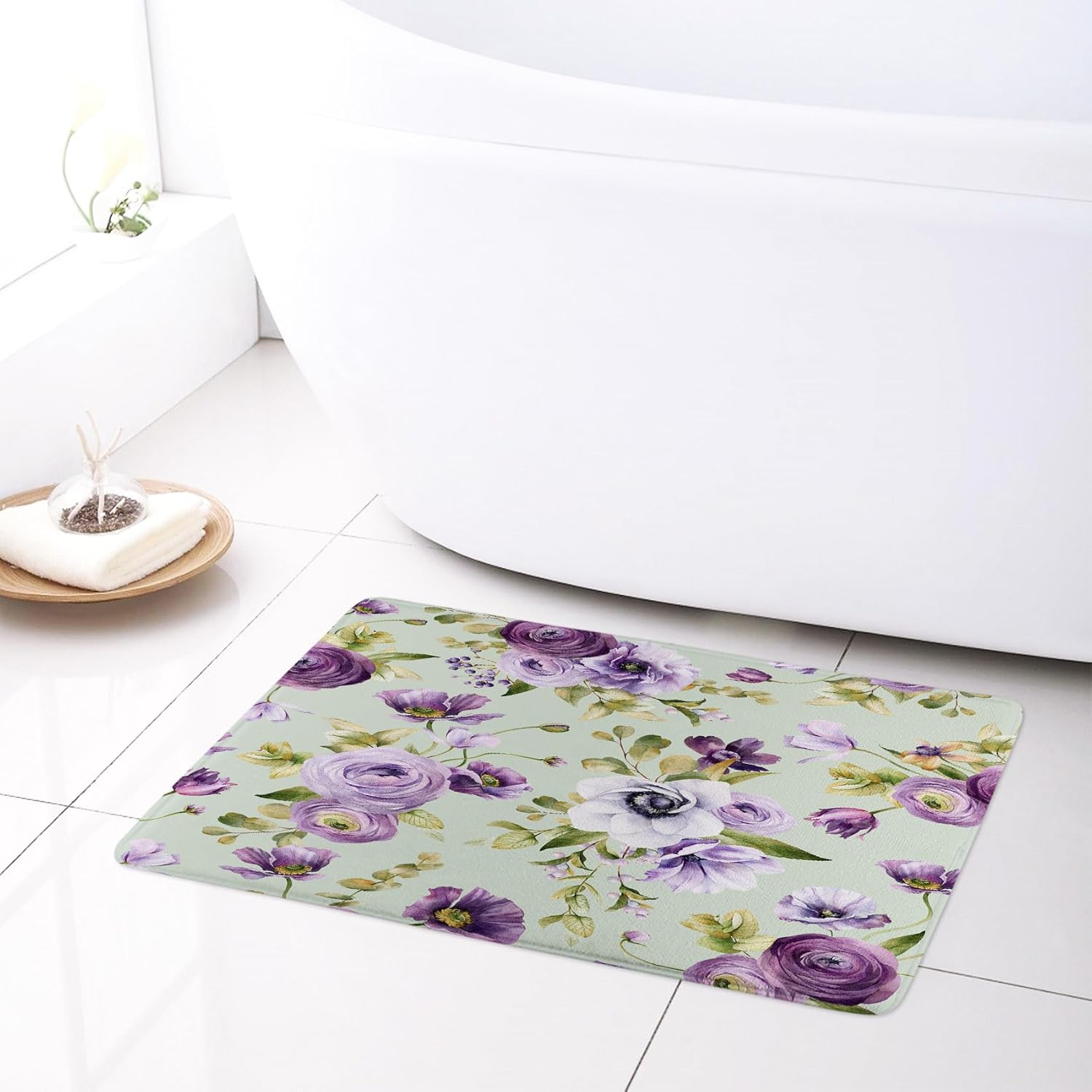 LB Sage Green Botanical Shower Curtain Sets with Rugs Nature Purple Floral with Botanical Green Leaf Fabric Shower Curtain with Hooks Spring Plant Rose Bathroom Curtains Shower Set, 72x72 inches