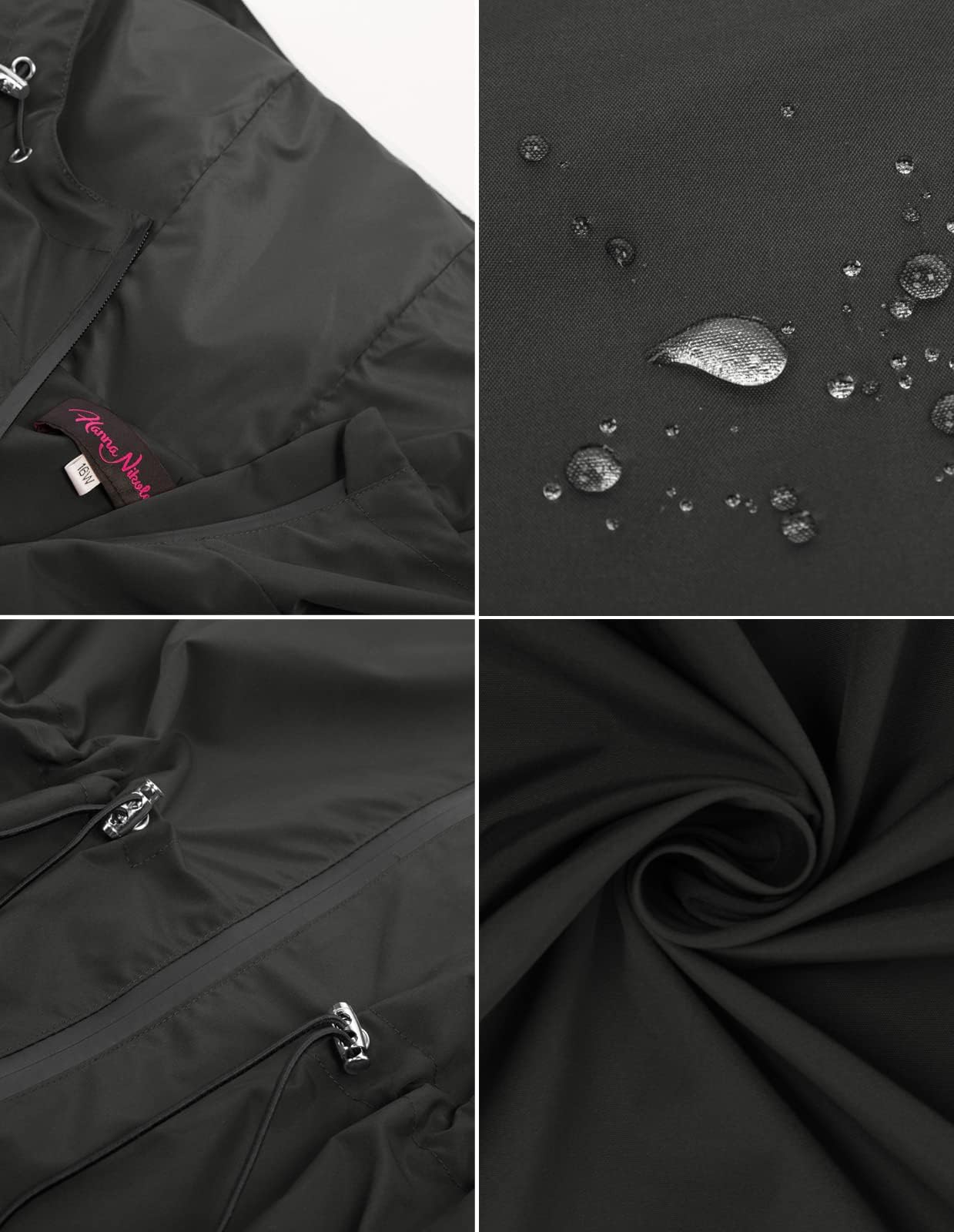 Hanna Nikole Chaqueta impermeable con capucha para mujer, talla grande, cortavientos, Negro, 20W (50 EU)