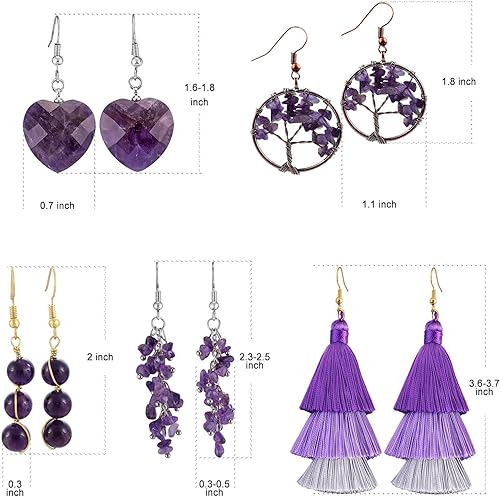 Miniatura 2 de SUNYIK Paquete de 5 aretes colgantes de piedra de cristal para mujer, juego de aretes de cristal hechos a mano para mujer