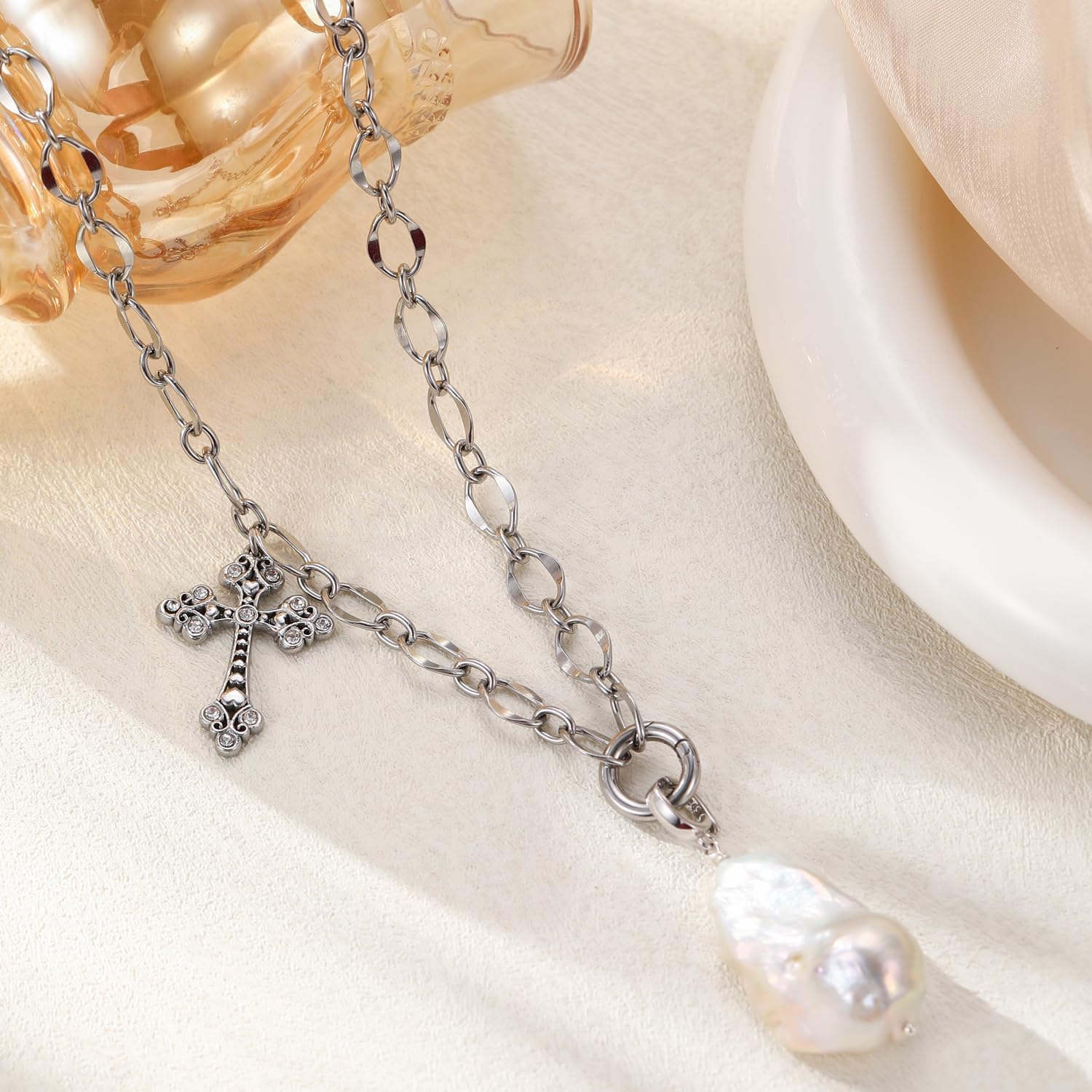 White Baroque Pearl Cross Necklace - Image 2