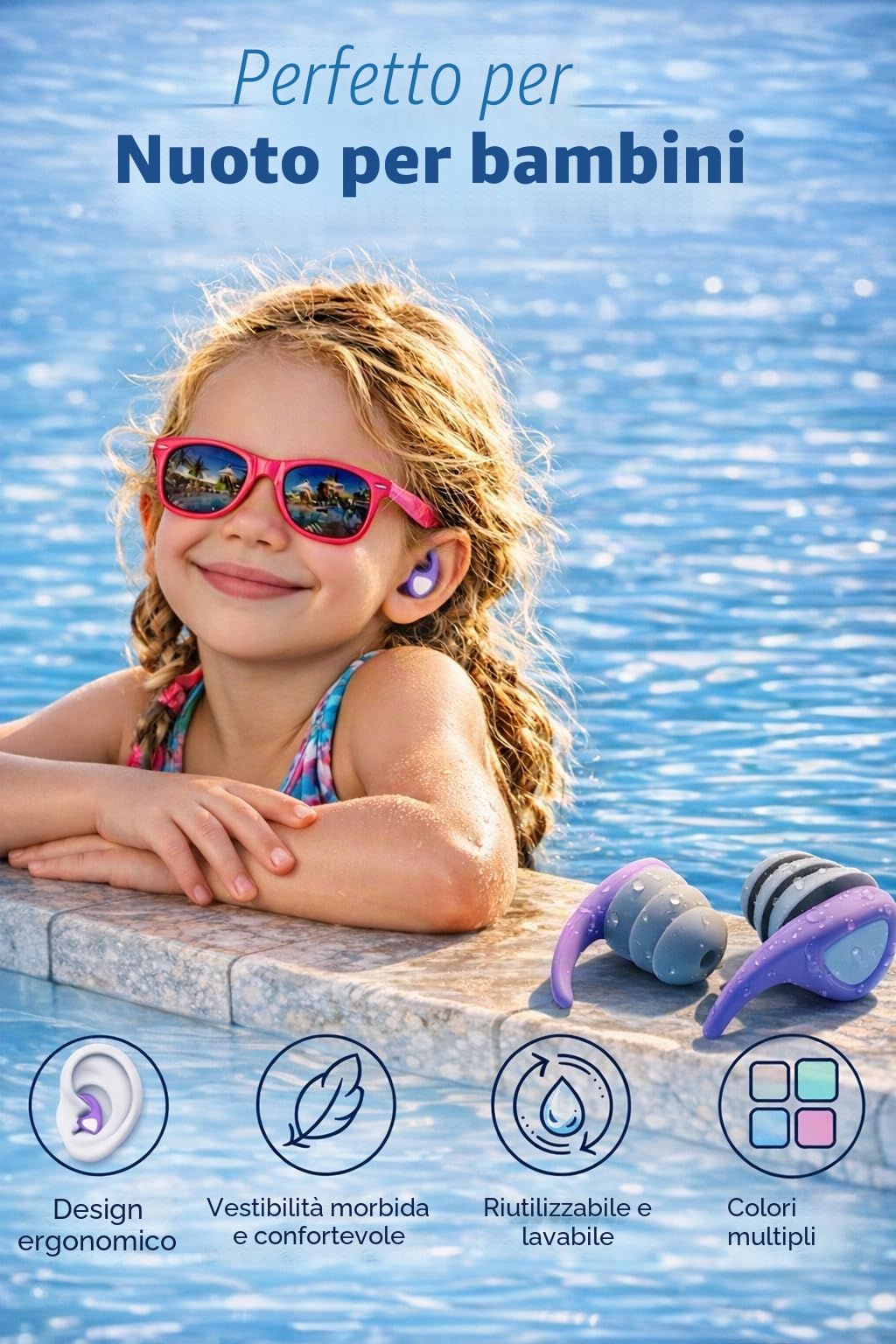 Tappi per Le Orecchie da Nuoto per Bambini, 3 Paia Tappi Orecchie Piscina Riutilizzabili Impermeabili, Protezione dell'orecchio per Doccia Nuoto Bagno per Bambini 3-10 Anni