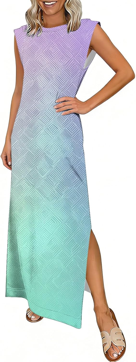Boho Sleeveless Beach Dress for Women Pullover Loose Crewneck Versatile Casual Slit Maxi Dresses with Pockets