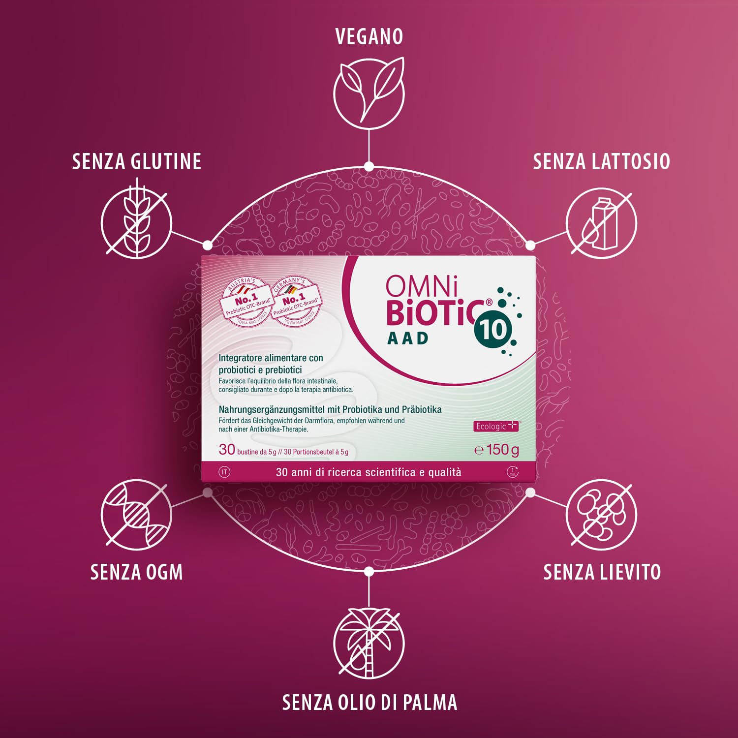 OMNi BiOTiC 10 AAD | 30 Beutel á 5g | empfohlen während und nach der Antibiotikatherapie | Für das Gleichgewicht der Darmflora | Pulver | Mit 10 Probiotischen Stämmen | VEGAN | GVO-frei |