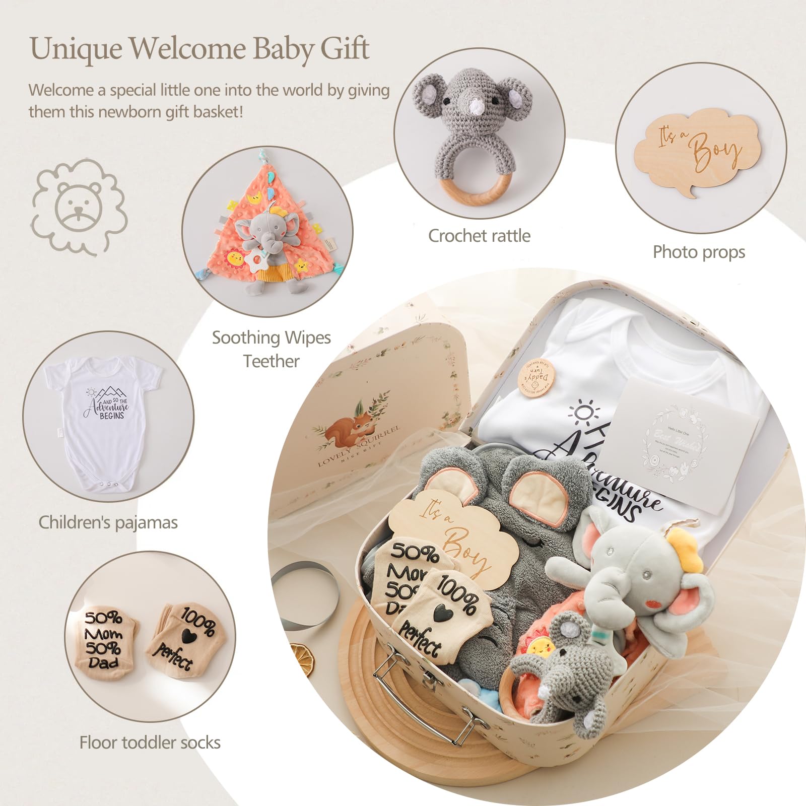 Baby Gift Set da Regalo neonato la nascita Baby Party Asciugamano da bagno Milestone Baby Coperta Romper Calzini Bambino Legno Crocheted Griffin Rattle Toy Foto Requisten (per il ragazzo)
