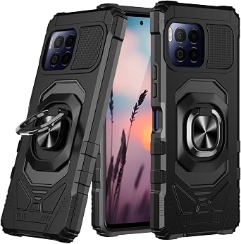 TJS Compatible for T-Mobile Revvl 7 Pro 5G Phone Case Black | Metal Ring Magnetic Support Kickstand Heavy Duty Drop Protection Cover Phone Case