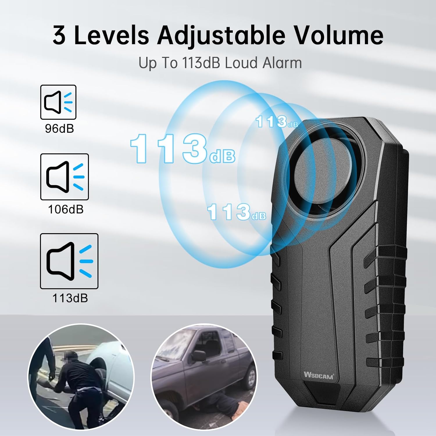 Diagram showing three volume levels for the alarm: 96dB, 106dB, and 113dB, with the 113dB level highlighted as the loudest.