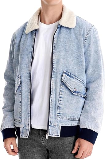 Men's Sherpa-Lined Jean Jacket Long Sleeve Zip Up Denim Jacket Classic Casual Relaxed Fit Coat for Men