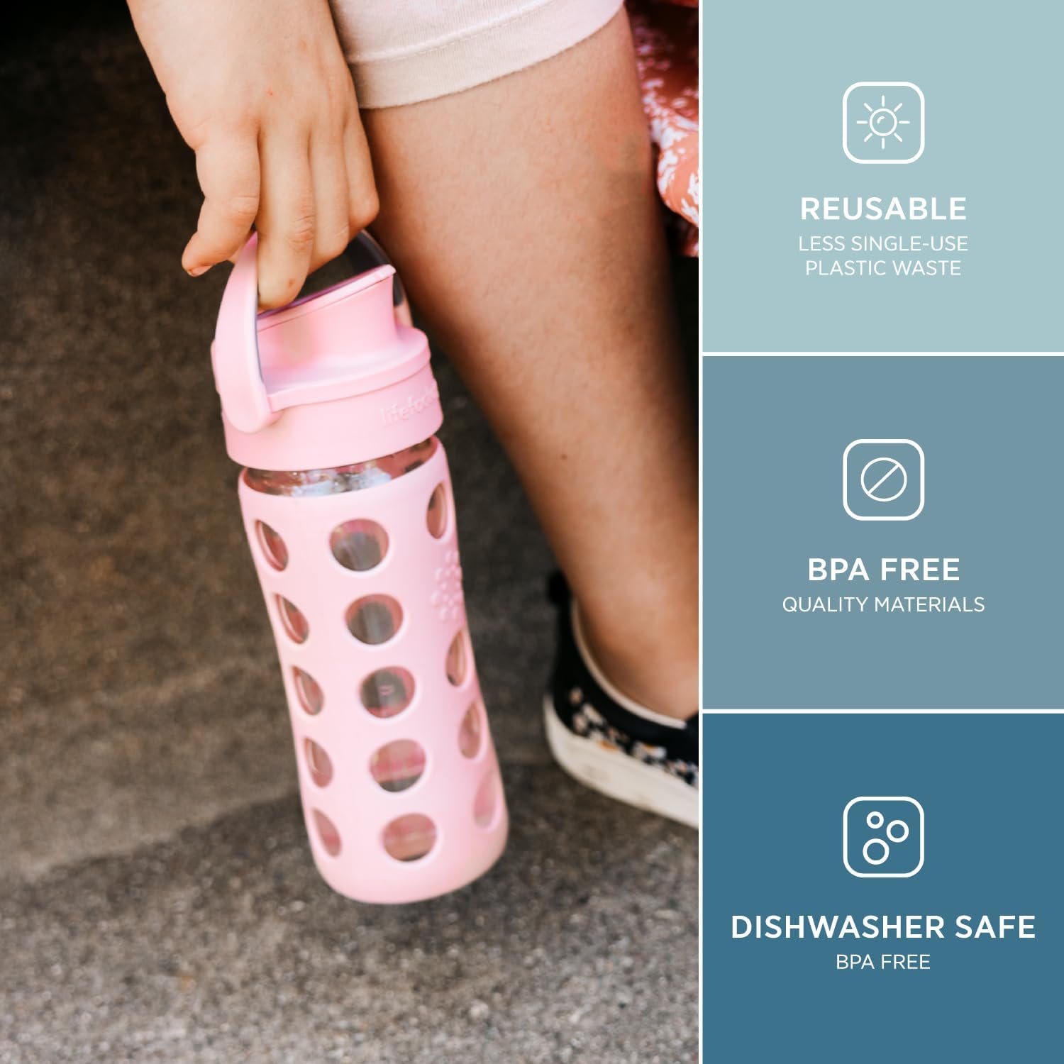 Lifefactory 12-Ounce Glass Water Bottle with Active Flip Cap and Protective Silicone Sleeve, Desert Rose - Image 2