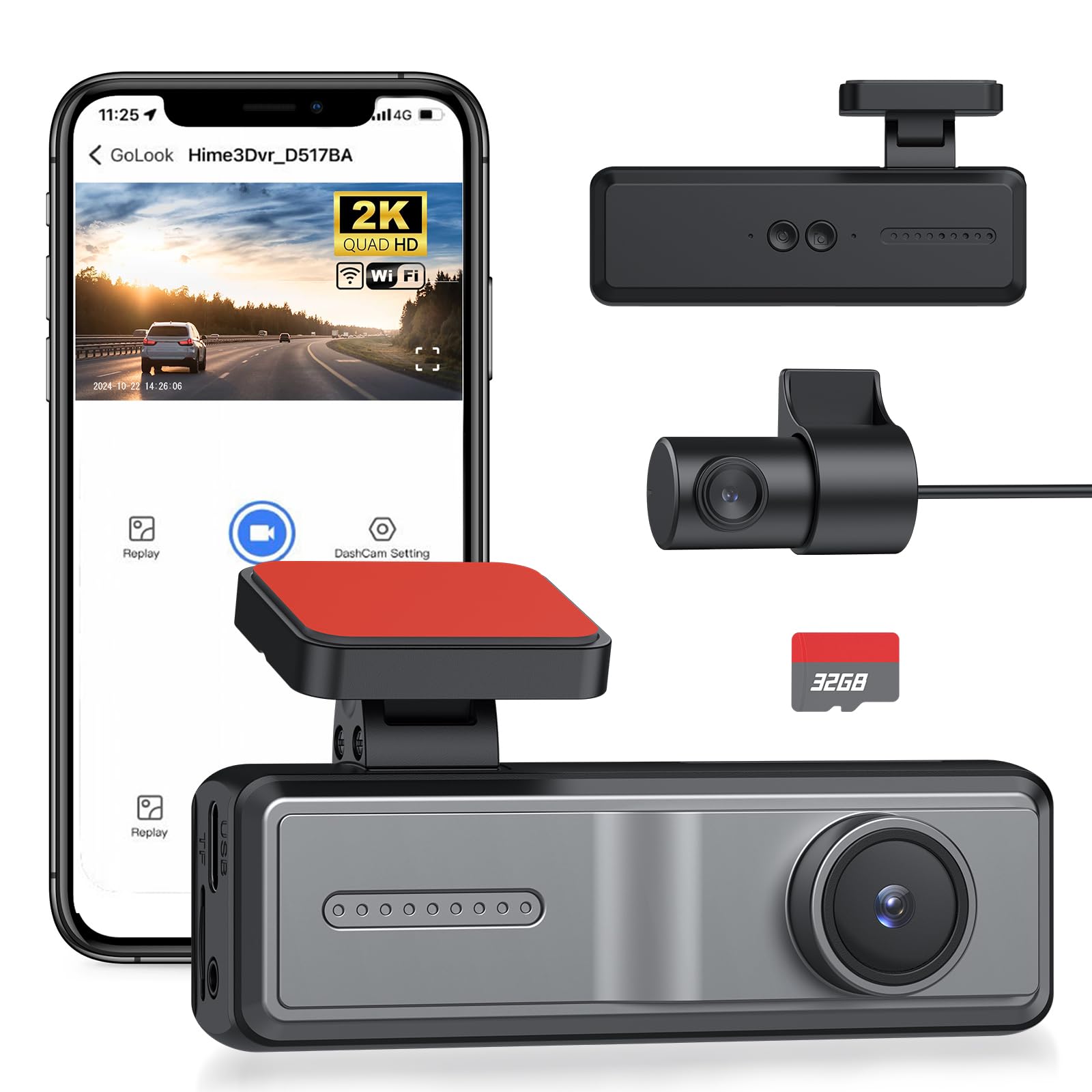 Dashcam Voiture Avant Arrière 2K avec WiFi & App, Caméra Embarquée Voiture Grand Angle 160°, Vision Nocturne F1.8, G-Sensor, Enregistrement en Boucle, Mode Parking 24H, Carte SD 32 Go Incluse