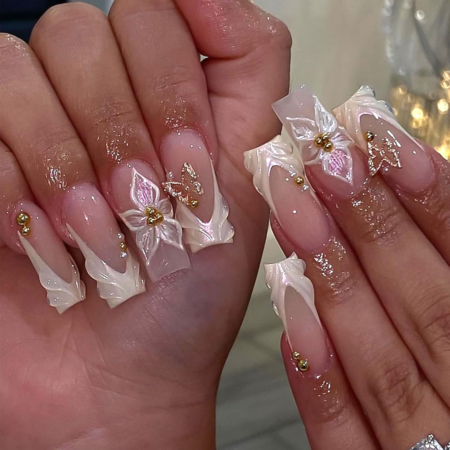 CUIZAM Press on Nails - 3D White Floral Design