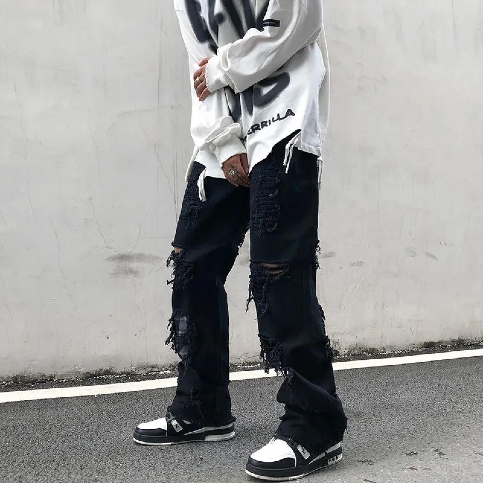 Jeans Herren Jeanshosen Hose Freizeithose Stickerei Jeans Herren Streetwear Loose Destroyed Ripped Jeans Homme Hip Hop Broken Biker Denim Pants Schwarz