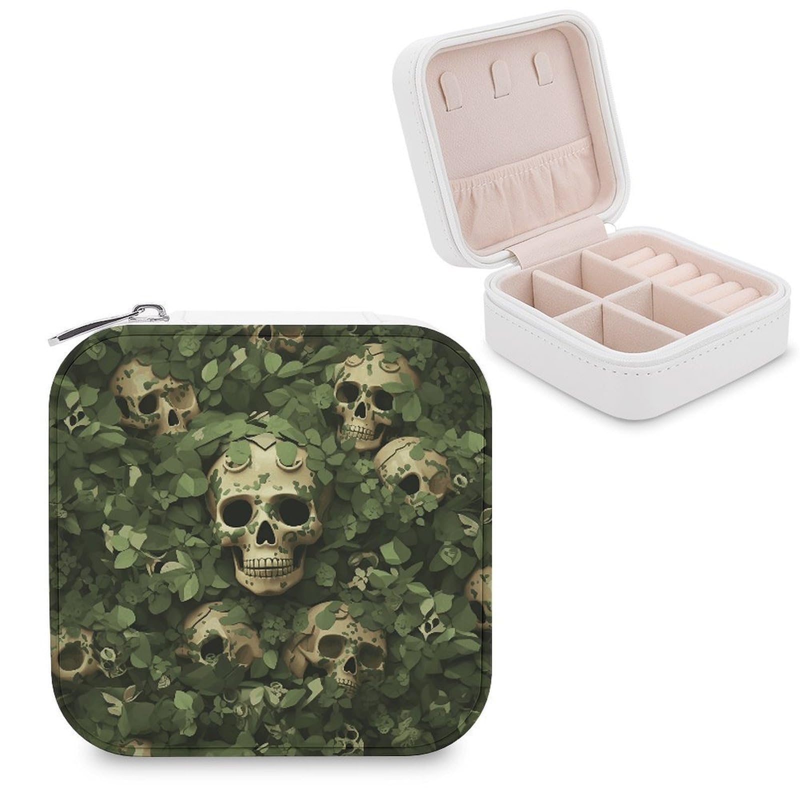 MUSM Green Background Skull And Leaves Travel Jewelry Case Personalized PU Leather Jewelry Boxes for Women Small Portable Jewelry Organizer Box Cute Trinket Box for Necklaces Rings Earrings & Gifts