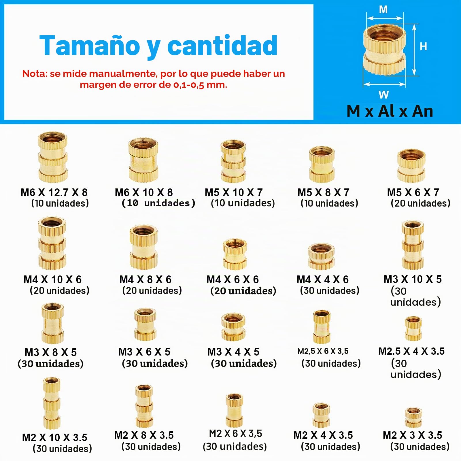 Gueenky 480 Piezas Tuercas Moleteadas de Latón, M2 M2,5 M3 M4 M5 M6 Tuercas de Inserción Insertos Roscados, 20 Tamaños Tuercas de Incrustación para Moldeo por Calor o Ultrasonido en Impresora 3D
