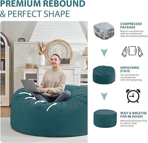 Miniatura 238 de Puf de 5 pies, puf grande con relleno de espuma viscoelástica, sofá puff esponjoso con funda de terciopelo holandés, puf redondo para sala de estar,