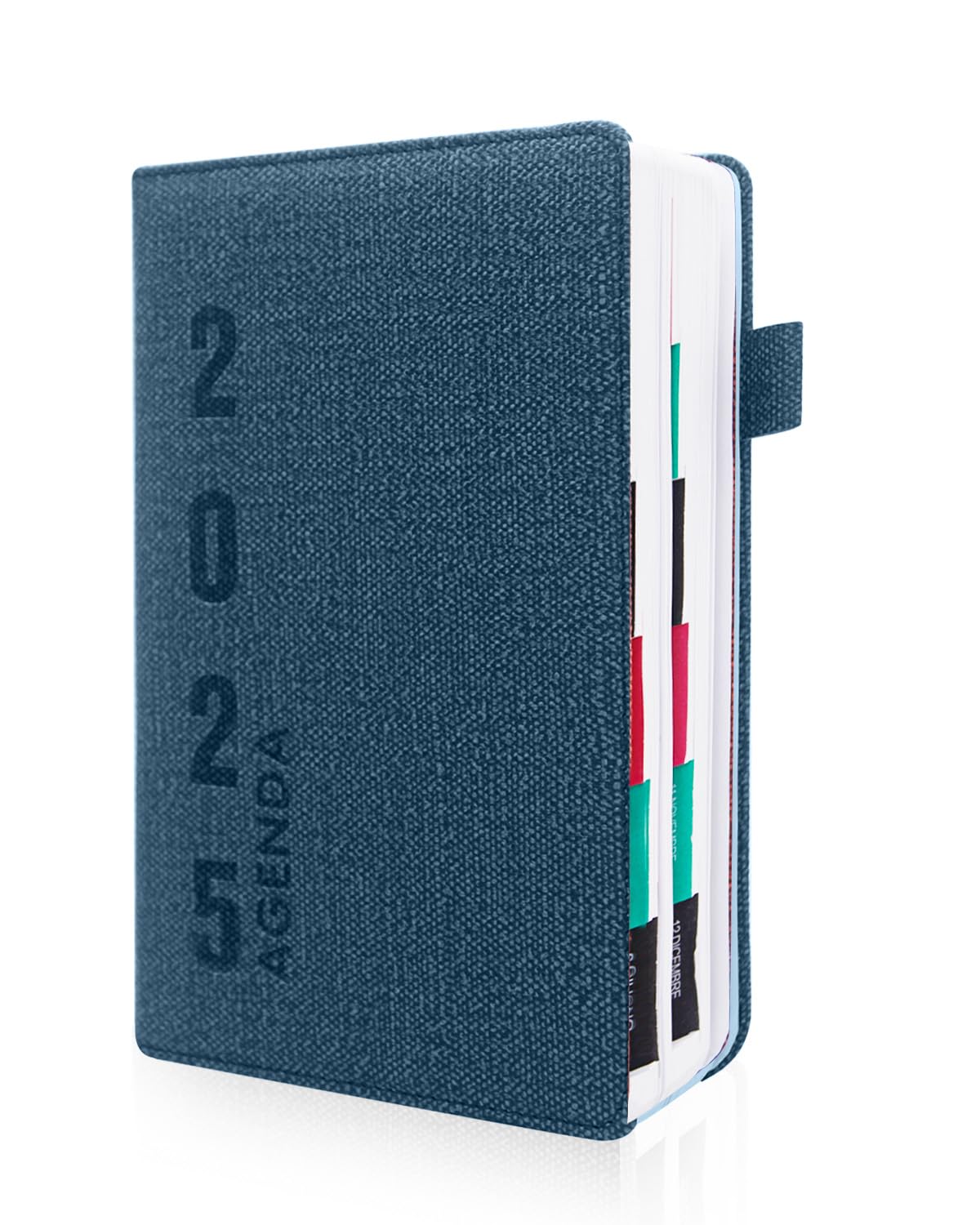 HW CASA Modello di Lino Agenda 2025 Giornaliera,Una Sola Pagina per Un Solo Giorno,Copertina Rigida in Pelle PU,Formato A5,200 Pagine,Etichette Mensili Colorate,Passante per Penna e Elastico (Blu)