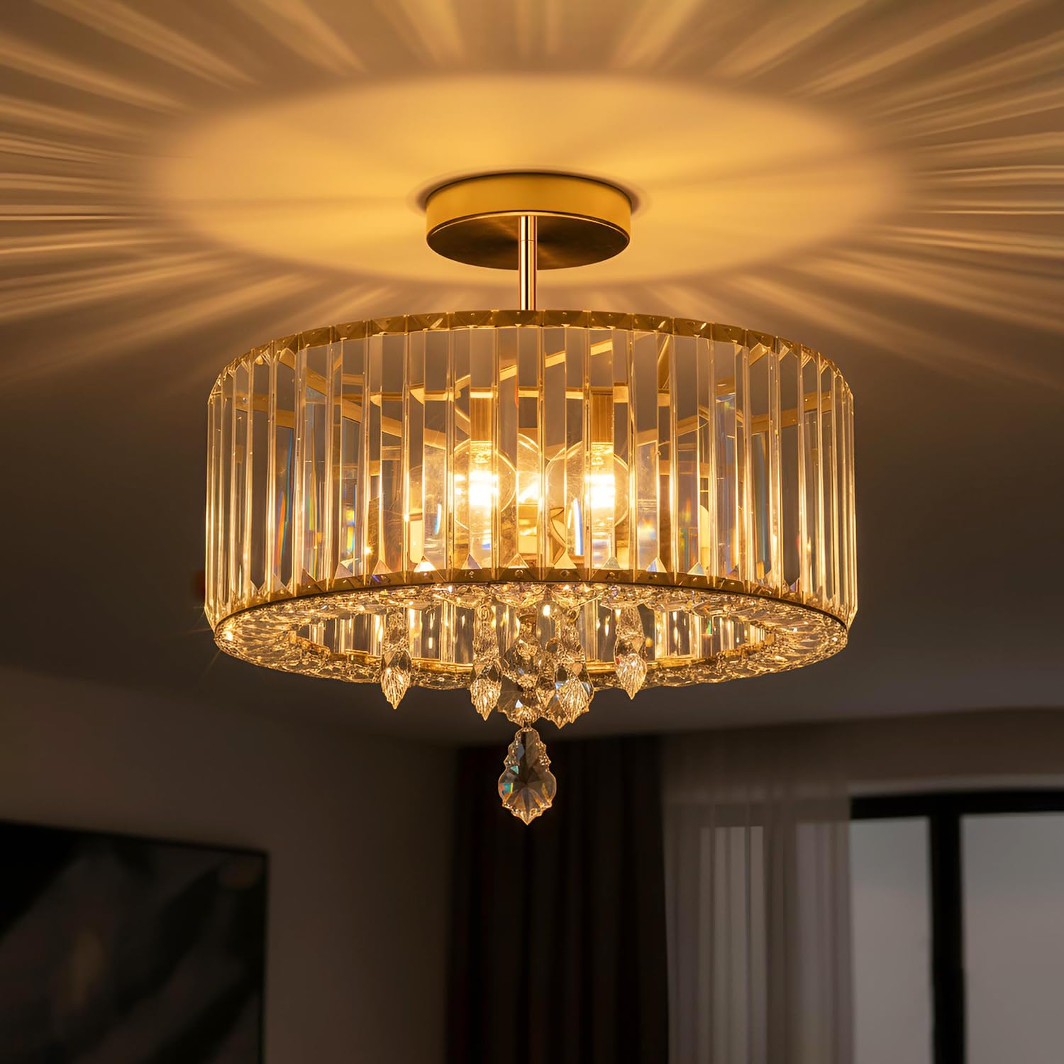 ANWIO Lampada da Soffitto Cristallo Oro, Plafoniera a Soffitto con Moderno 3 Luci, Lampadari Cristallo E27, Lampadario Soggiorno con Paralume in Vetro Per Camere da Letto, 36.5 CM(Senza Lampadine) way