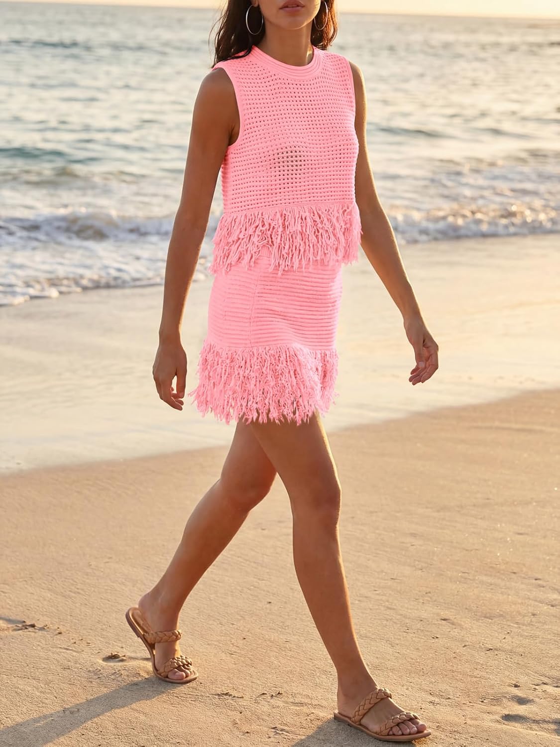 Fisoew Womens 2 Piece Crochet Outfits Sleeveless Knit Sweater Tops Fringe Skirts Summer Vacation Sets Beach Cover Ups