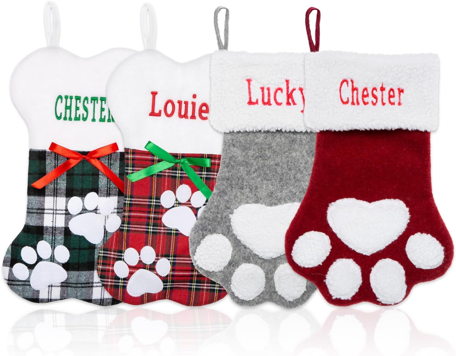 Personalized Christmas Stockings Dogs Cats Custom Name 18 Inches Custom Embroidered Name Pet Paw Large Bone Shape Xmas Stockings for Kids,Fireplace Hanging Holiday Party,Family Xmas Decoration(5pcs)