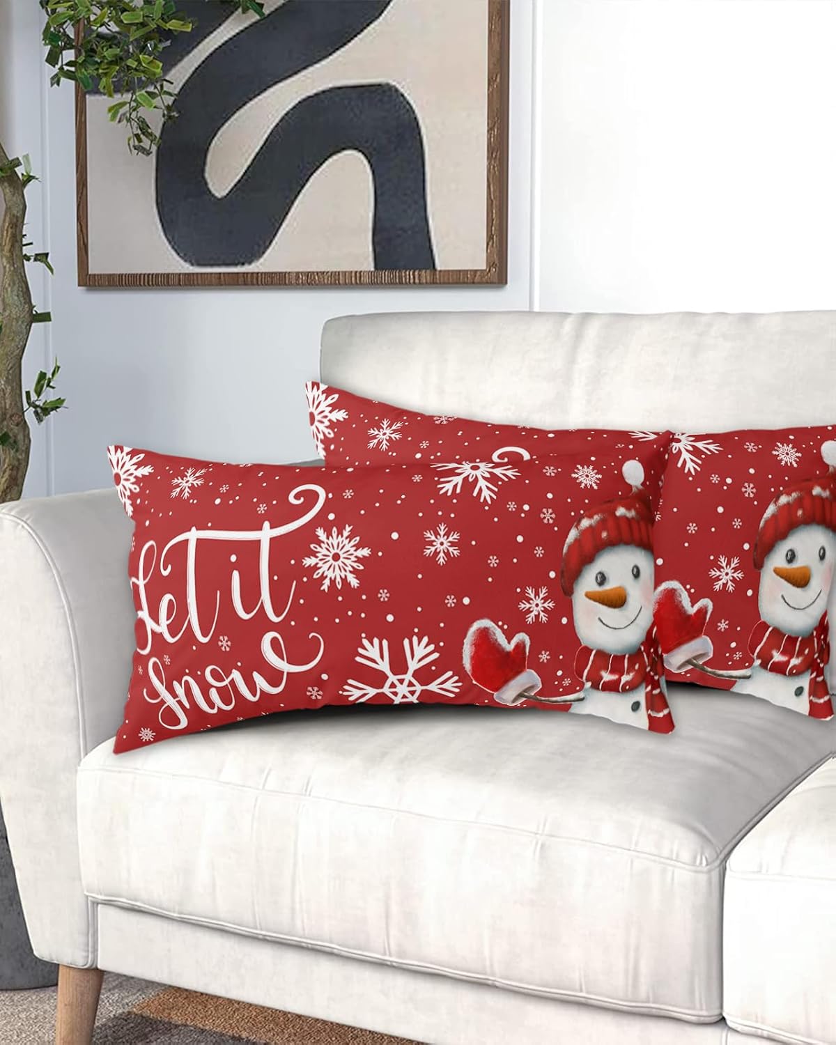 Snowman King Size Pillowcases, Soft Bed Throw Pillow Covers Sham Luxury Decorative Sofa Couch Long Body Lumbar Bolster Cushion Case with Envelope Closure, Red White Christmas Winter Snowflake 20"x40"