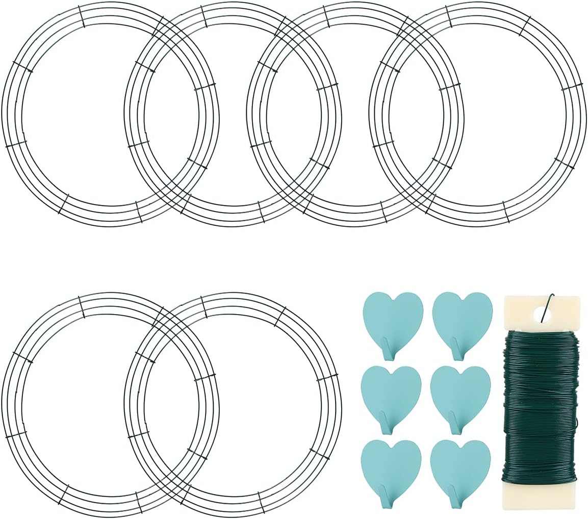 6 Pack Wire Wreath Frame 16 Inches Metal Frame Wreath Form Hoop Craft Ring with 6 Pcs Adhesive Hooks and 38 Yard 22 Gauge Paddle Wire for Crafts 6 16 Inches