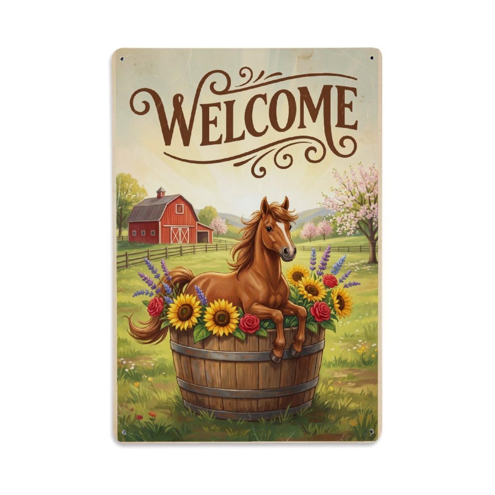 Cxhjca 8X12inch(20X30cm) Vintage Welcome Horse Joyful Vibes Metal Tin Sign
