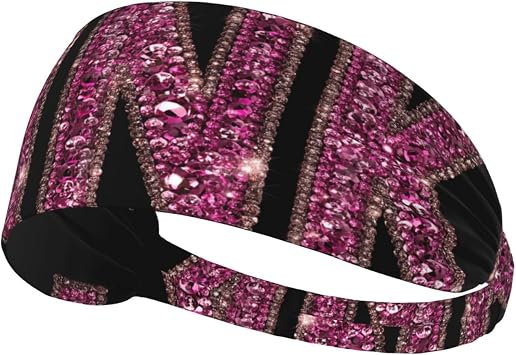 Word Pink Sparkling Glittering Gems Headband Sports Sweatbands for Men Women Hairband for Workout Athletic Running Yoga Basketball Gym