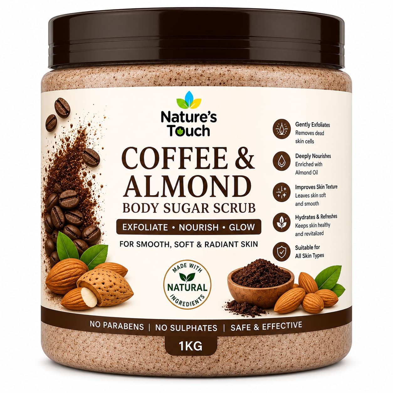 Nature's Touch COFFEE & ALMOND Body Sugar Scrub for Exfoliating & Glowing Skin | Deep Cleansing & Moisturizing Formula | Removes Dead Skin Cells | For Soft & Smooth Skin | 1kg-picture-23