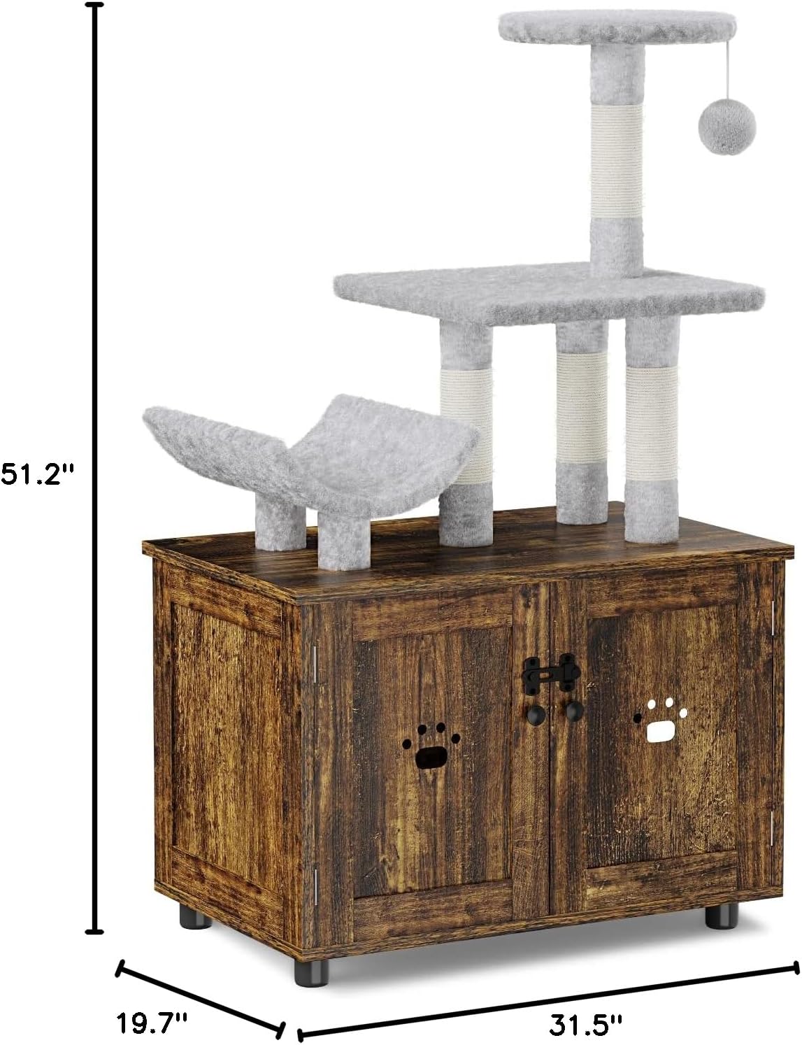 Fully assembled Lulive Cat Litter Box Enclosure with Tree Tower, showing dimensions and cat-friendly features.