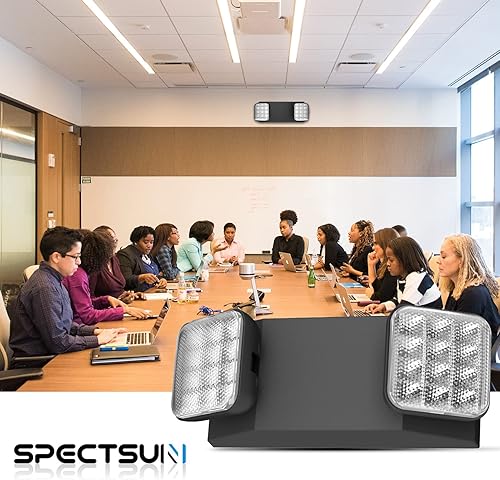 Miniatura 2 de SPECTSUN - Paquete de 2 letreros de salida LED negros con luces de emergencia y batería de respaldo, ajustable, cableado, 2 cabezales LED,
