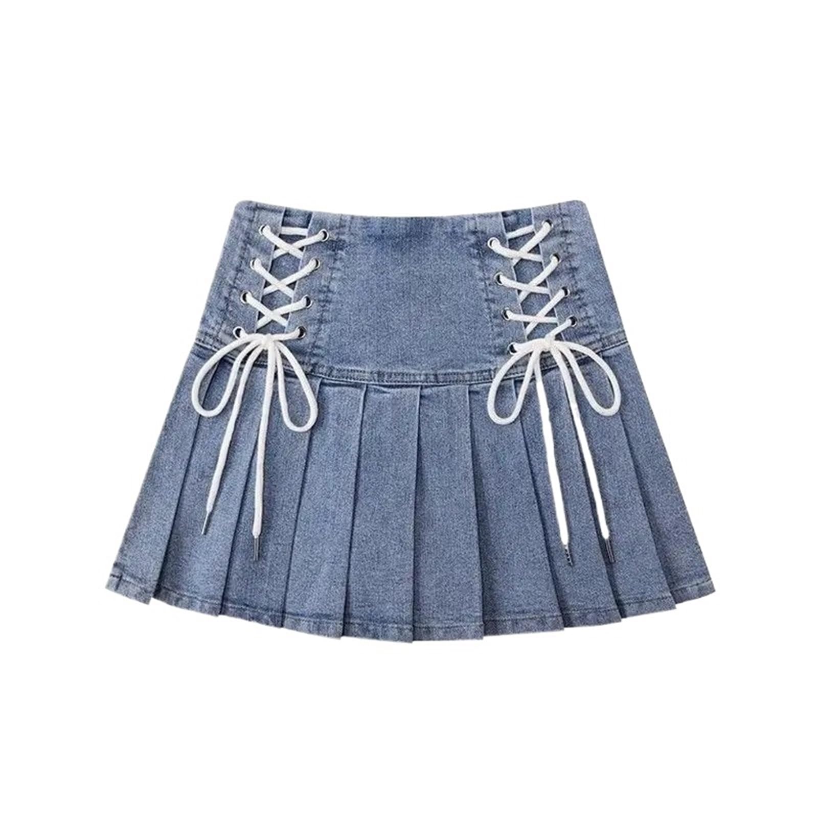Gonne a Pieghe in Denim Minigonna Estiva da Ragazzina Chic con Lacci Donna per L'uso Quotidiano E per I Viaggi