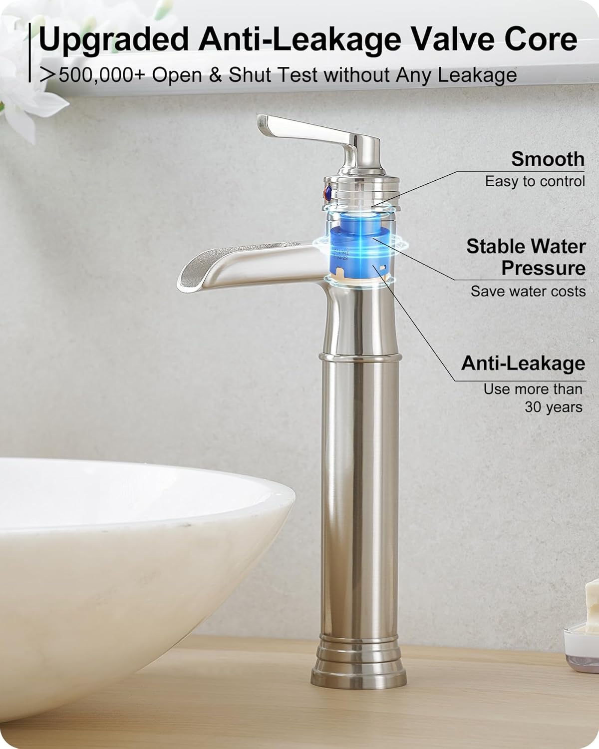 Brass Vessel Sink Faucet Brushed Nickel Waterfall Bathroom Faucet Tall 1 Hole, Single Handle with Pop-up Drain & Water Hoses for Bathroom Vanity Vessel Sink