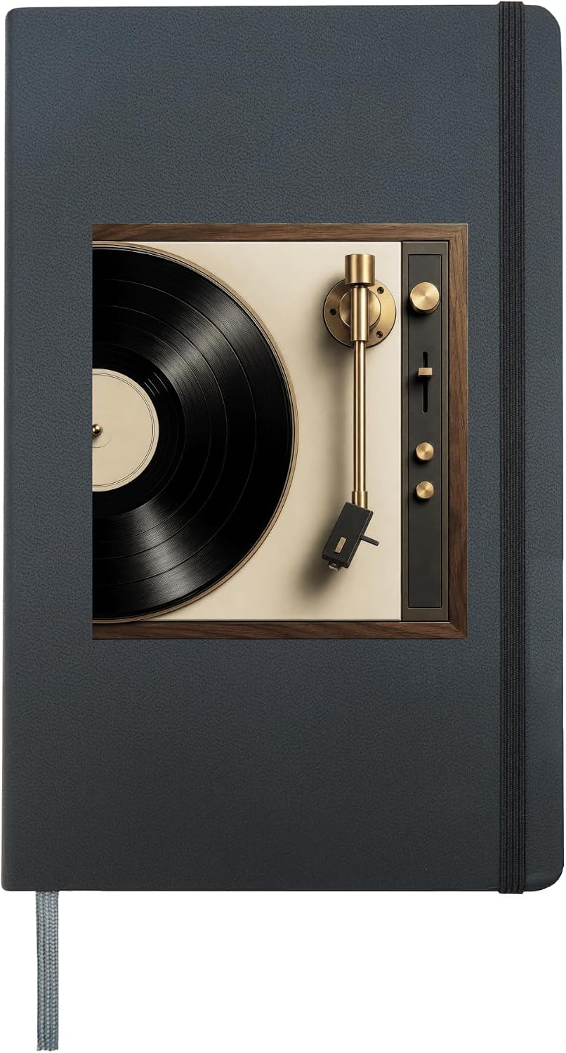 Classic Vinyl Record Turntable Audiophile Music Collector Hardcover Journal, Black