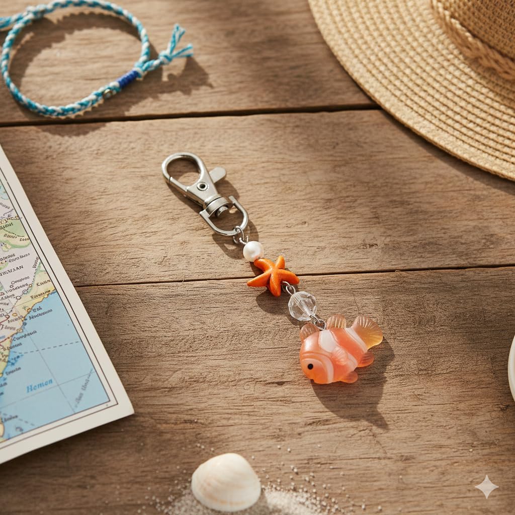 Fish Keychain – Ocean Keychains Bag Charms for Women with Starfish and Pearl, Cute Key Chains Silver Crystal Gifts for Fish Lovers, Girls, Friends-Orange image 5