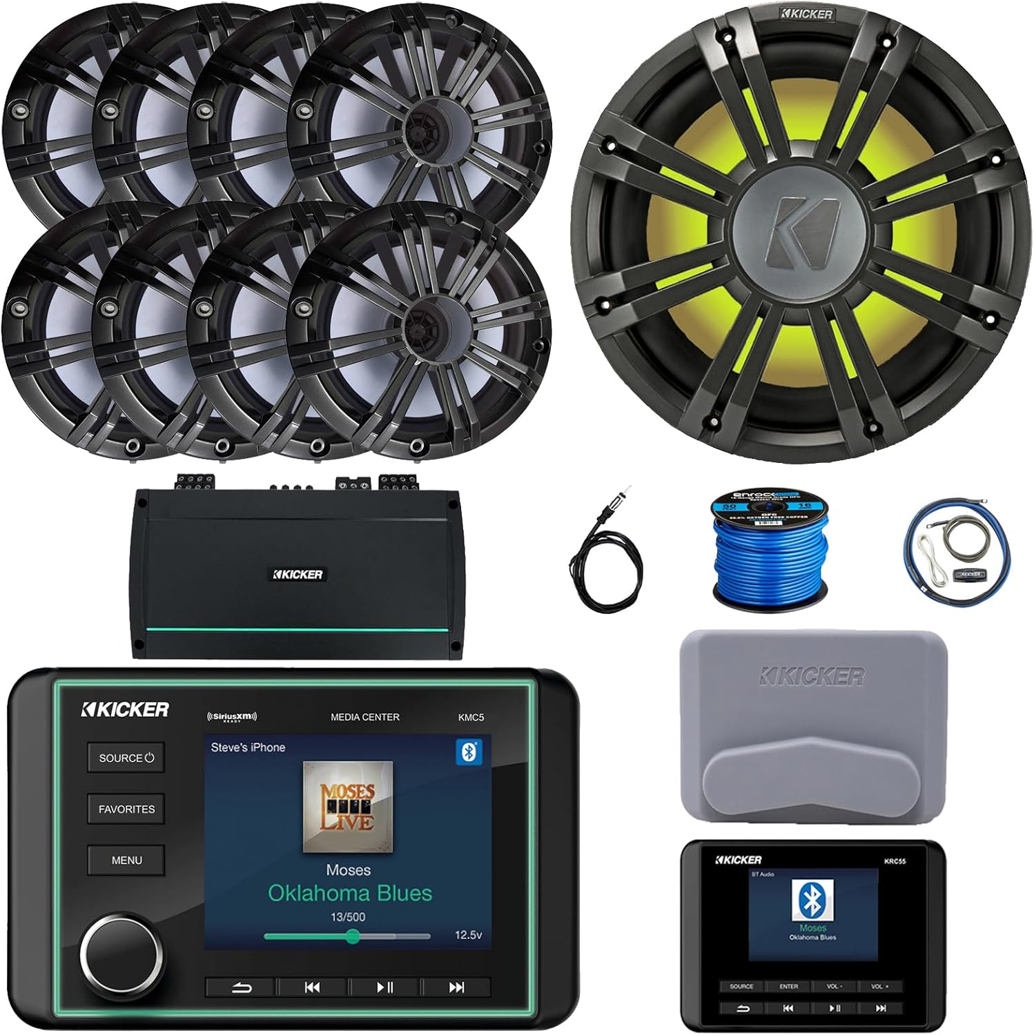 Kicker KMC5 3.5" Marine Bluetooth USB/AUX WB AM/FM Gauge Style Receiver W/Controller, 8X 6.5 195W Peak 4 Ohm Speakers W/Charcoal Grilles, Subwoofer W/Charcoal Grille, Amplifier W/Kit, Antenna, Wire