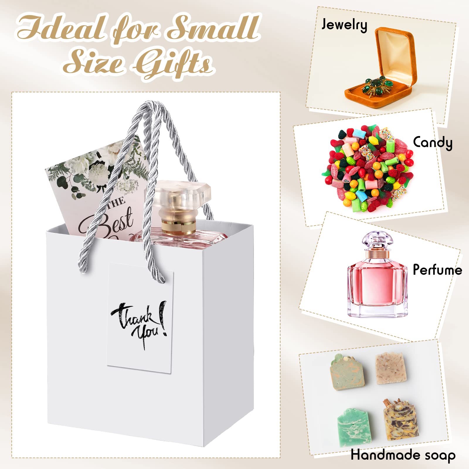 50 Pcs Mini Gift Bags Bulk Paper Bags with Gift Tags Extra Small Paper Gift Bags with Handles for Valentine's Day Birthdays Baby Showers Weddings Party Favors Supplies 4 x 2.75 x 4.5 Inch (White)