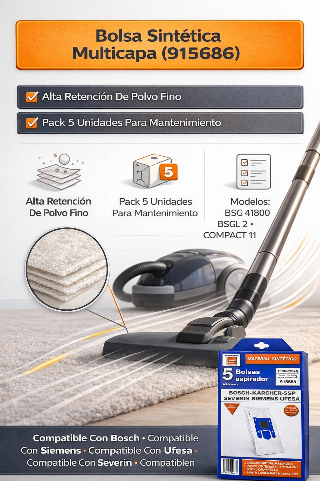 RO Linea Blanca ® Bolsas Aspirador Sinteticas 915686 Pack 5 Filtracion Antiacaros Recambio Compatible Con Bosch Compatible Con Siemens Compatible Con Ufesa BSG41800 BSGL2 Compact11 Hogar Taller Plus