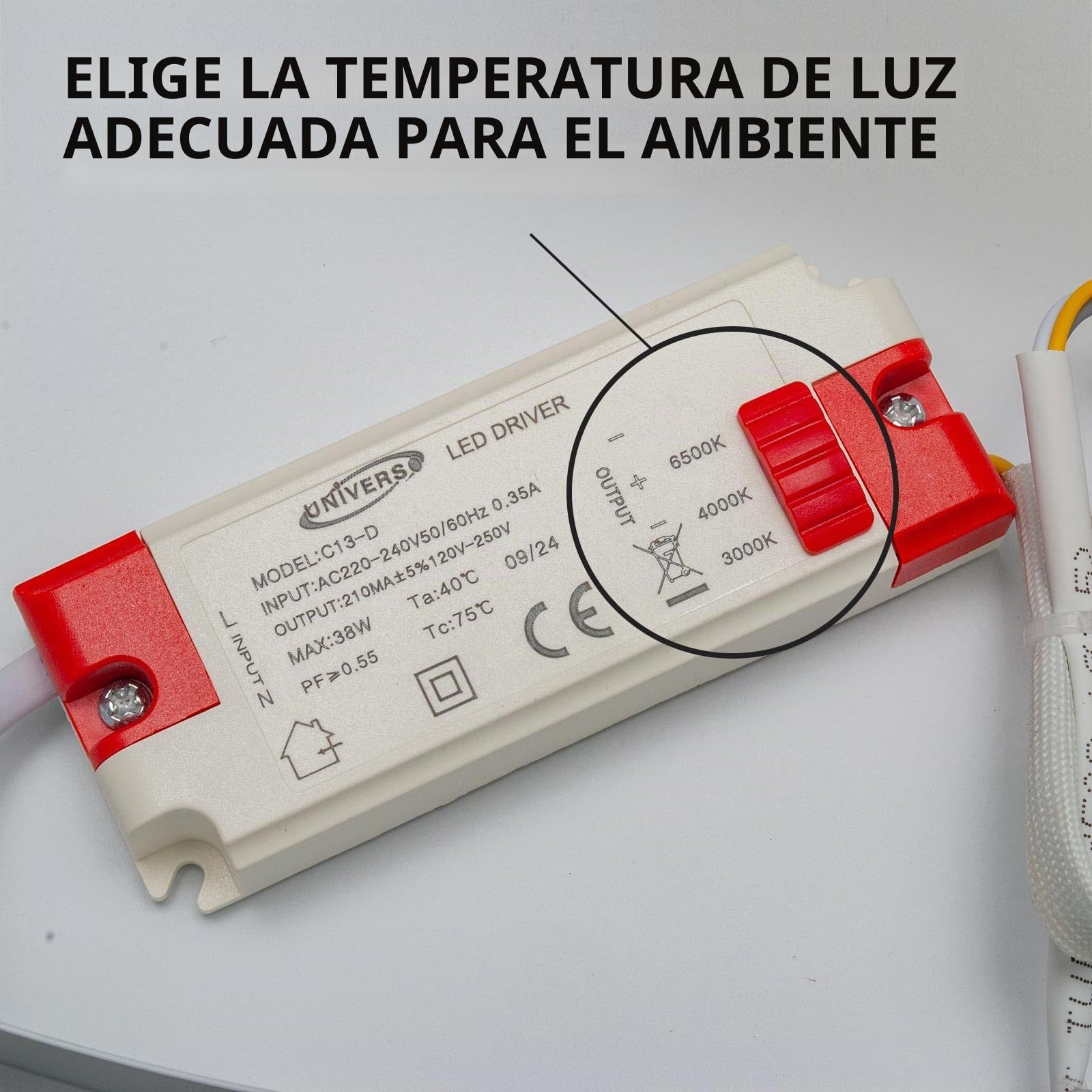 Plafón LED 43 W CCT interruptor de 3000 K a 6500 K luz para interiores indirecta, círculo luminoso, lámpara techo redonda baño, cocina, salón, oficina, 230 V diámetro 50 cm