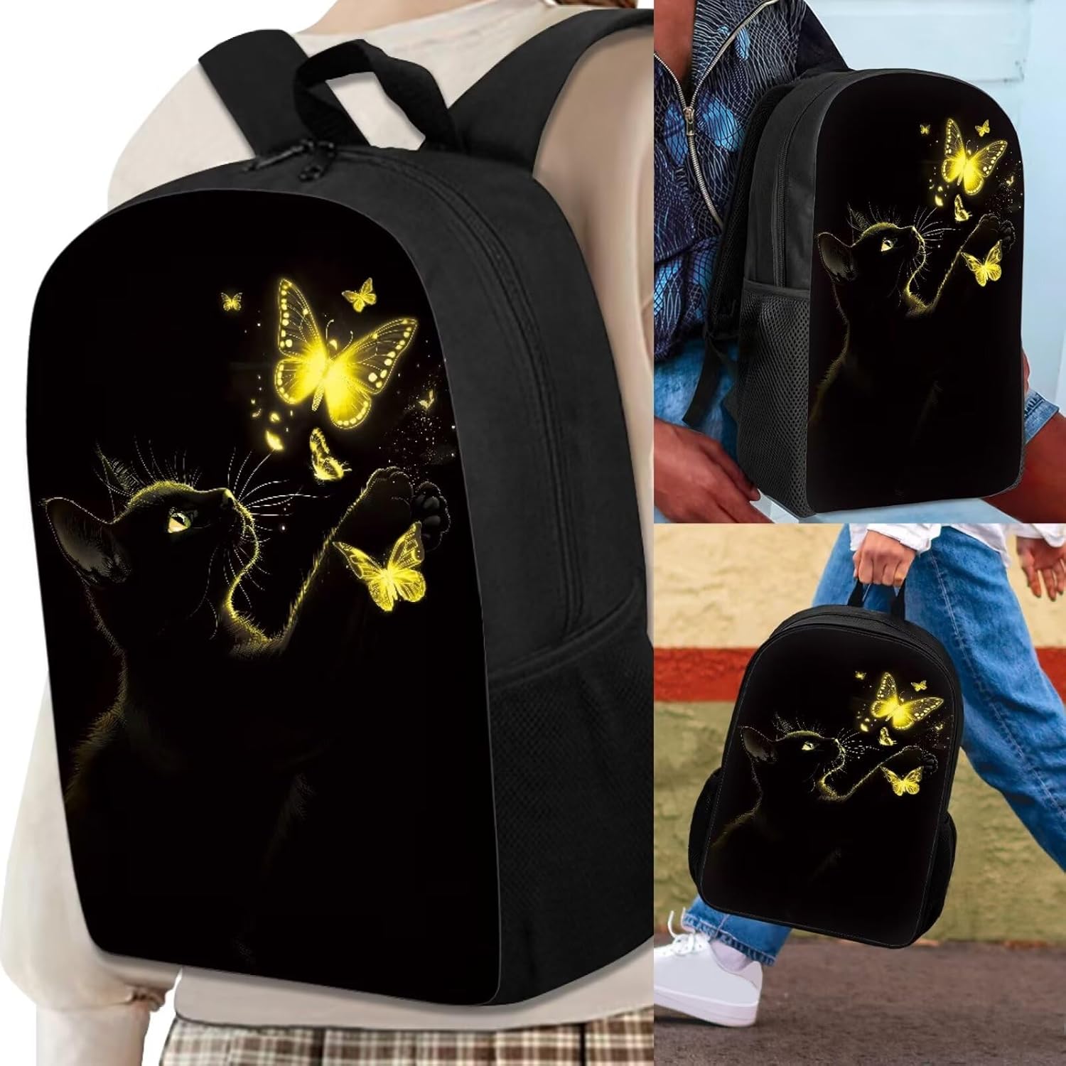 3PCS Black Cat Yellow Bling Butterfly Kids Backpack Set, Including 17 Inch Laptop Bookbag + Lunch Bag + Pencil Case for Middle School
